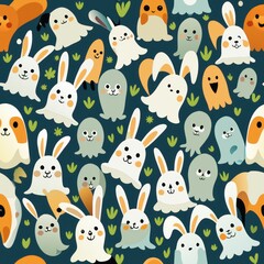 Seamless pattern of mischievous ghost bunnies playing hide-and-seek, Generative AI