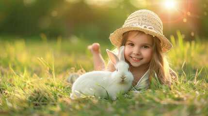 white ester ribbit and little girl enjoy in grass garden 