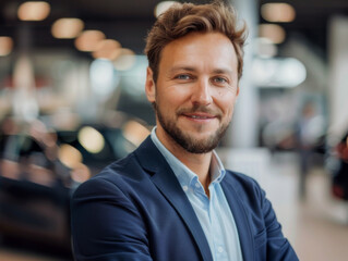 Fototapeta premium Portrait of beautiful business person smiling consultant in car salon. Car dealer in showroom