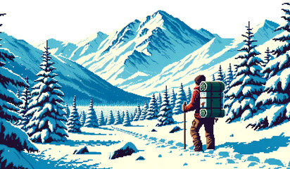 a man hiking in snow mountain and forest area with bag camp equipment pixe; art illustration