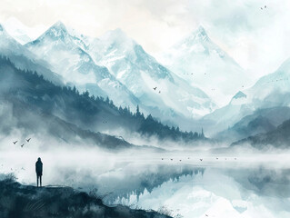 watercolor pine forest and mountains in the fog, birds flying in the background