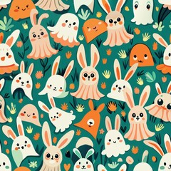 Naklejka premium Seamless pattern of mischievous ghost bunnies playing hide-and-seek, Generative AI