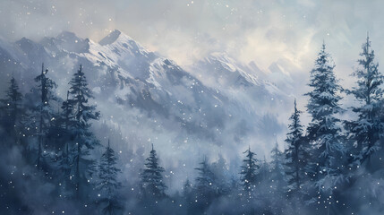 Mysterious Fog Covered Snowy Peaks Surrounded by Evergreen Forests in Serene Winter Landscape