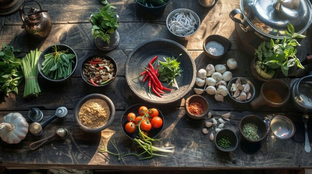 A rustic kitchen scene with ingredients laid out for making Tom Yum Goong soup, showcasing the freshness and variety of Thai culinary staples.