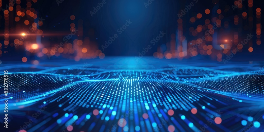Poster Blue technology background with light lines and graphs, data flow concept. Vector illustration of blue digital background with line chart on floor, for business presentation design. Generative AI.