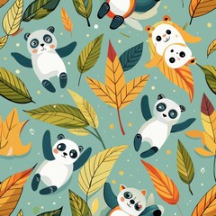 Seamless pattern of playful ghost pandas rolling in leaves, Generative AI