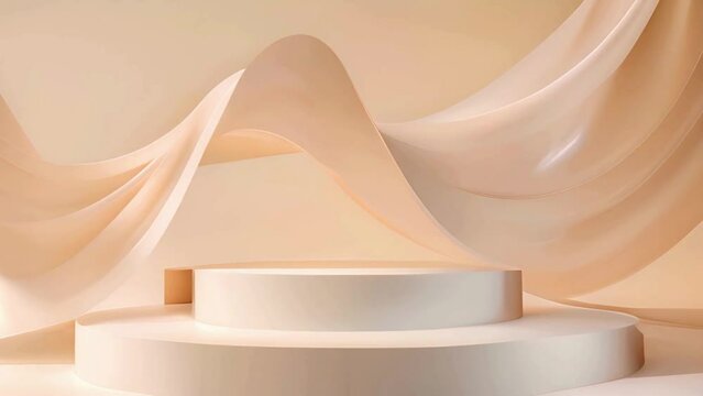 3d render of abstract background with podium and swirling curved beige ribbons shapes in beige color in background. Minimalistic concept of cosmetic or beauty products promotion