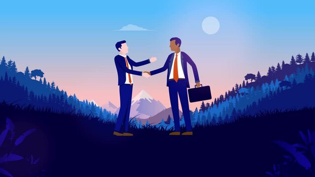 Business handshake - Vector cartoon animation of businesspeople forming partnership making deal and shaking hands over agreement outdoors in nature landscape with copy space in blue colours