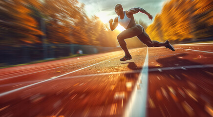 Fototapeta premium A sprinter sprinting down a track in a track and field event, capturing the first place finisher, The white line of the track and the lower. Generative AI.