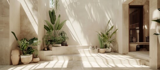 Architecture characterized by minimal walls and plants in a Mediterranean style.