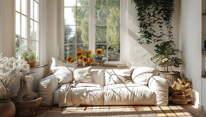 Simple Nordic living room, white sofa, clean design. Generative AI.