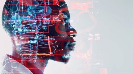 A futuristic double exposure featuring a doctor examining a virtual patient overlaid with medical data analytics, symbolizing telemedicine and digital healthcare.