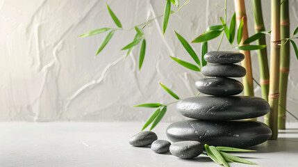 Fototapeta na wymiar Stack of spa stones and bamboo branches on light background