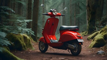 An beautiful red electric scooter stands on a rocky trail in a forest