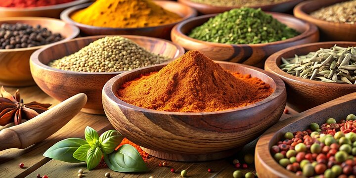 Especias coloridas en primer plano: chile en polvo, comino y or&eacute;gano en cuencos de madera.