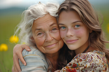 Young woman and older mother cuddling together, celebrating Mother's Day