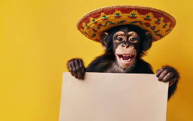 a monkey portrait wearing a sombrero hat and mexican style clothing holding a blank promotion sign