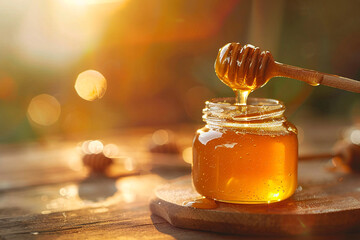 Honey flowing down spoon into honeycomb. Beautiful and presentational close-up photo
