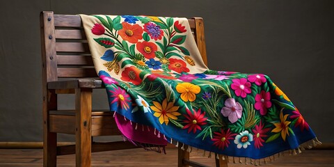 Rebozo tradicional mexicano bordado con flores y pájaros coloridos, sobre una silla de madera.
