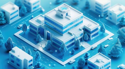 3D illustration, the composition only hospital icon on a blue sharp square platform, isometry, minimalist, octane render high-quality with blue and white color. Generative AI.
