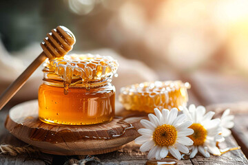 Honey flowing down spoon into honeycomb. Beautiful and presentational close-up photo