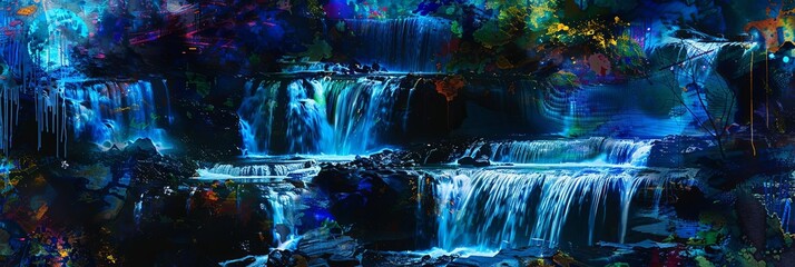 a serene waterfall surrounded by lush greenery and a clear blue sky, with a lone tree standing tall