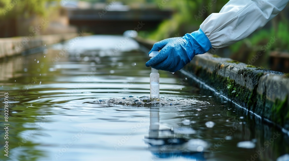 Wall mural an environmental engineer in protective gear meticulously collects a water sample from a sewage trea