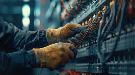 Professional Technician Working on Network Server Cabling in Data Center