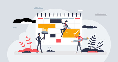 Time blocking as effective time management technique tiny person concept. Work planning for productivity and efficiency vector illustration. Job scheduling and reminder calendar for workflow control.