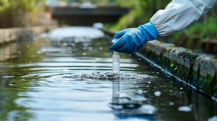 An environmental engineer in protective gear meticulously collects a water sample from a sewage treatment plant for quality testing and analysis.