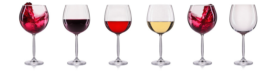 Set of red and white glasses with wine isolated on white background