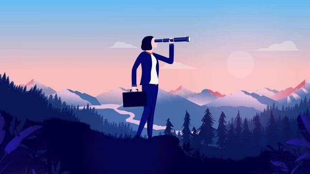 Business person looking for career opportunities - Businesswoman alone in landscape with binocular scouting and searching. Flat design vector animation