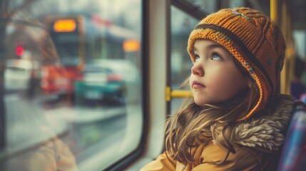 Smiling little girl riding bus looking away, beautiful  girl taking bus to work, lifestyle concept. Young smiling woman holding onto a handle while traveling by public bus.