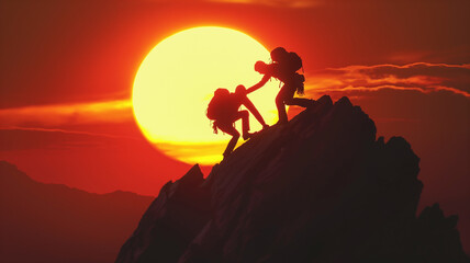 Obraz premium Silhouette two climbers help each other to reach the top of the mountain, fighting spirit and togetherness theme..