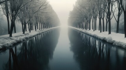 A long straight river lined with a dense line of winter trees on each side. The composition is extremely asymmetrical. Generative AI.