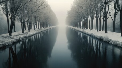 Fototapeta premium A long straight river lined with a dense line of winter trees on each side. The composition is extremely asymmetrical. Generative AI.