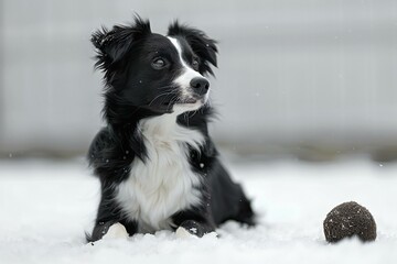 Portrait of cute smilling puppy border collie sitting on snow in winter