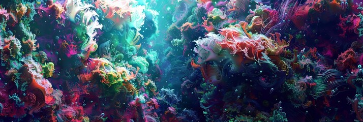 a colorful underwater world featuring a variety of fish and corals, including a vibrant red fish, a