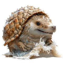 A 3D animated cartoon render of a brave armadillo rescuing a swimmer from a rip current.