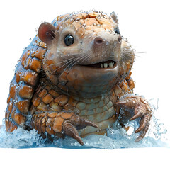 A 3D animated cartoon render of a determined armadillo helping a swimmer in a rip current.