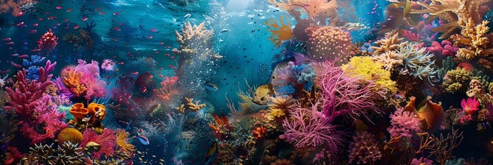 a colorful underwater scene featuring a variety of fish and flowers, including orange, yellow, blue