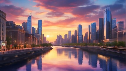Fototapeta premium city skyline at dusk : Twilight Metropolis Urban Splendor at Sunset