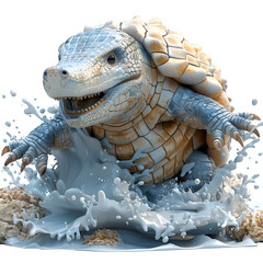 A 3D animated cartoon render of a heroic armadillo saving a swimmer from a rip current.