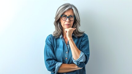 Contemplative mature woman in casual denim shirt standing against a plain background. Pensive expression captured. AI