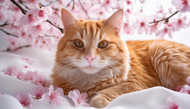 Fluffy tabby orange cat relaxing on a bed with pink cherry blossoms in the background