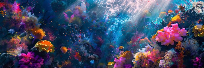 a vibrant underwater scene featuring a variety of colorful fish swimming among vibrant corals, with