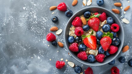 Healthy Breakfast Bowl with Fresh Berries, Nuts, and Oatmeal on Textured Background. Horizontal banner with copy space