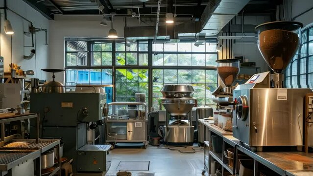 Detailed 3D animation of a gourmet coffee roastery interior, showcasing the art of coffee roasting and cafe culture