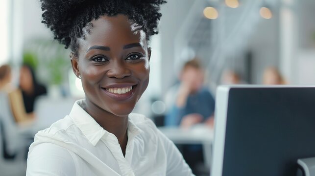 Thriving Black African Woman at Work A Happy Day in Office - DEIB
 - Powered by Adobe