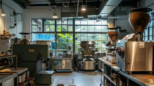 Detailed 3D animation of a gourmet coffee roastery interior, showcasing the art of coffee roasting and cafe culture